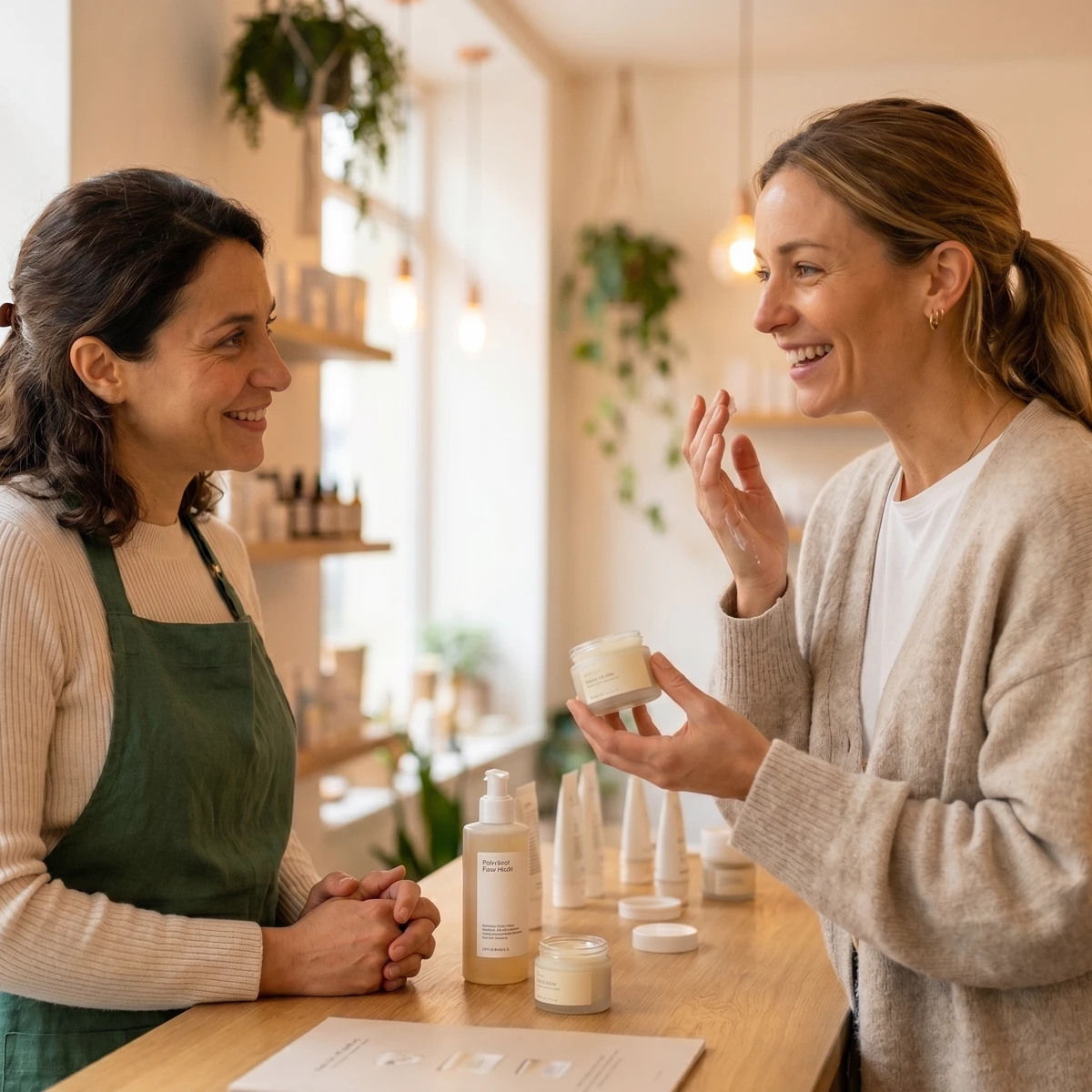 Une cliente applique une crème de soin au moment de l'essai