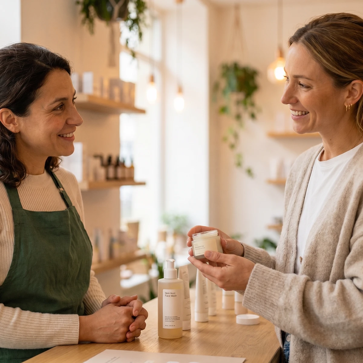 Une cliente ravie qui essaie un échantillon de soin dans une boutique