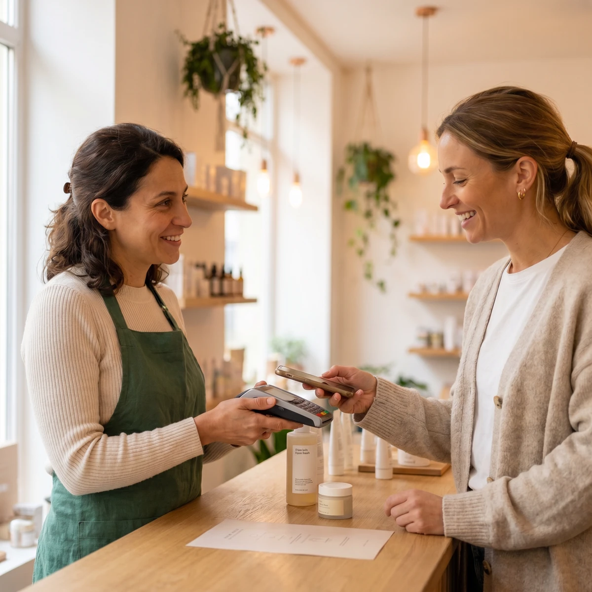 Une propriétaire de boutique qui finalise une vente au comptoir
